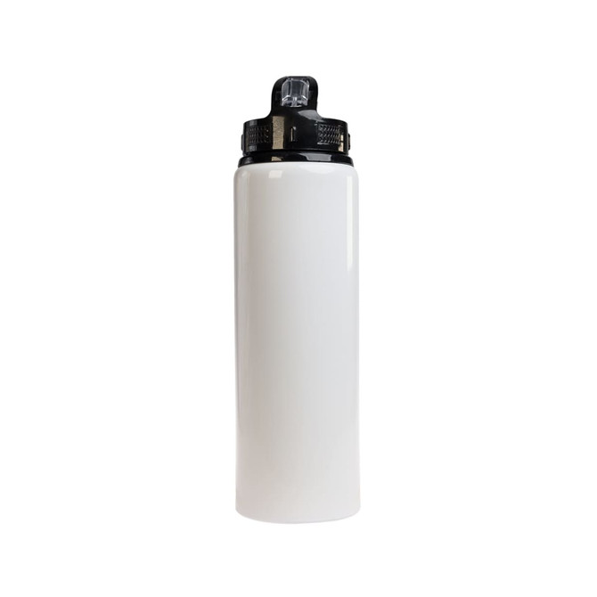 A drink bottle in white with a black flip straw lid and a small logo on the lid.