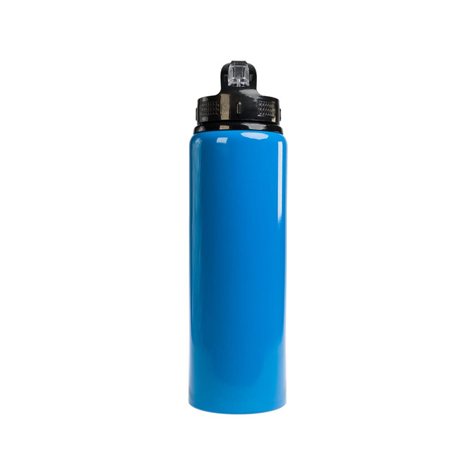 A drink bottle in a vibrant blue color with a black flip straw lid and a logo on the top.