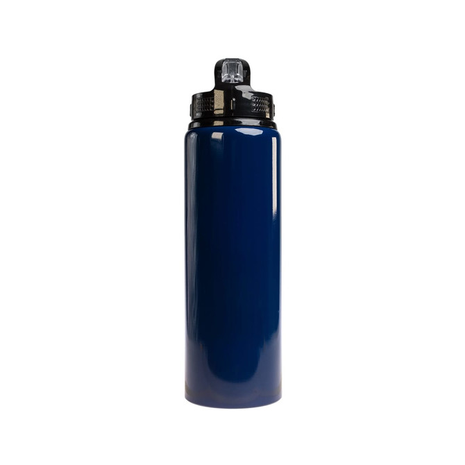 A drink bottle in a deep blue color with a flip straw lid and a black accent. It features a logo on the lid.