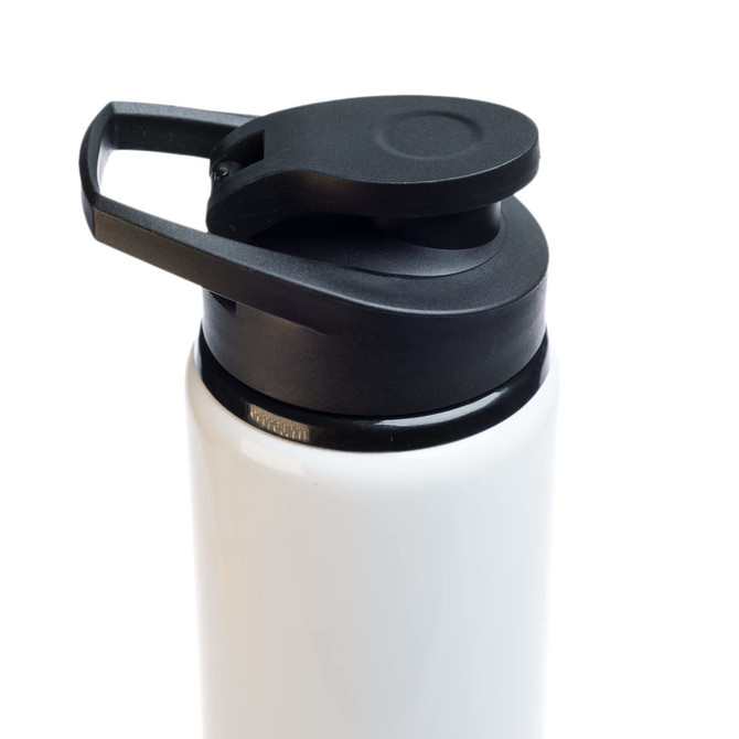 A drink bottle with a white body and a black free flow lid, featuring a sturdy handle and a logo.
