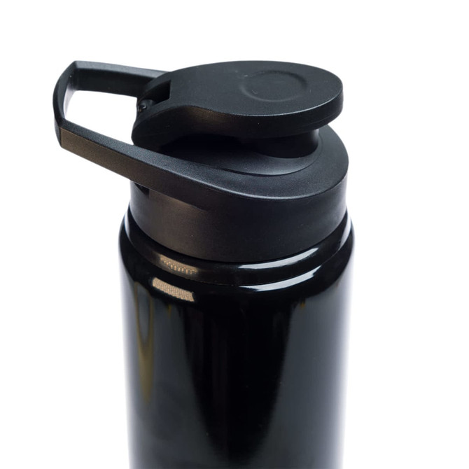 A drink bottle in black with a free flow lid, featuring a sleek design and a small handle for easy carrying.