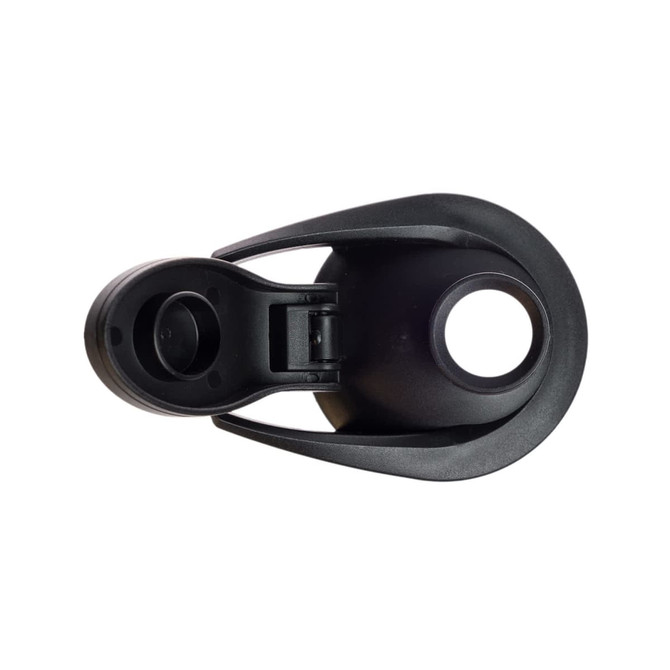 A drink bottle lid with a black finish, featuring a free flow design and a curved handle.