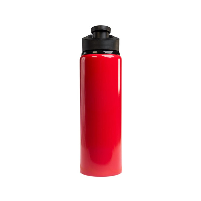 A drink bottle with a sleek red design and a black free flow lid, featuring a capacity of 750ml.