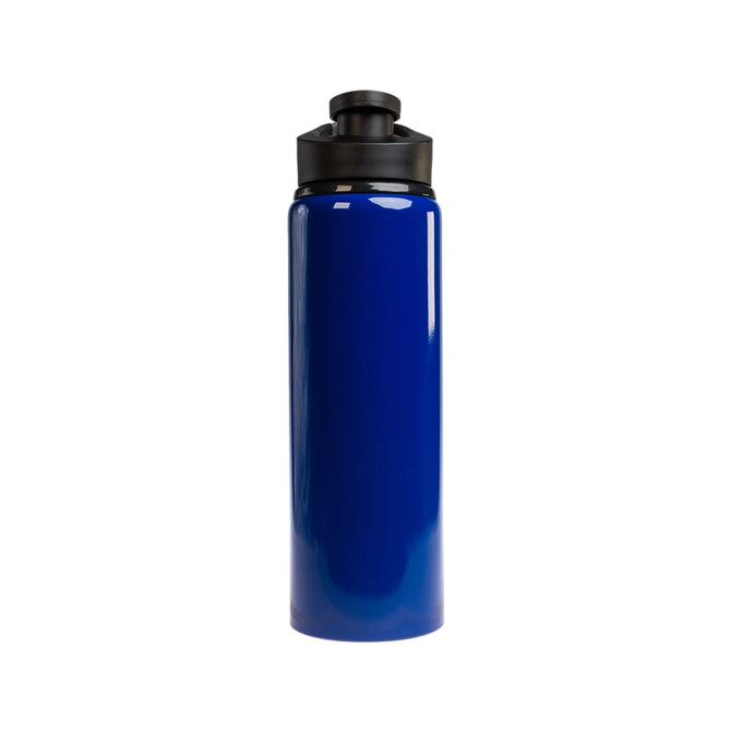A drink bottle featuring a sleek blue design with a black free flow lid, holding 750ml of liquid.
