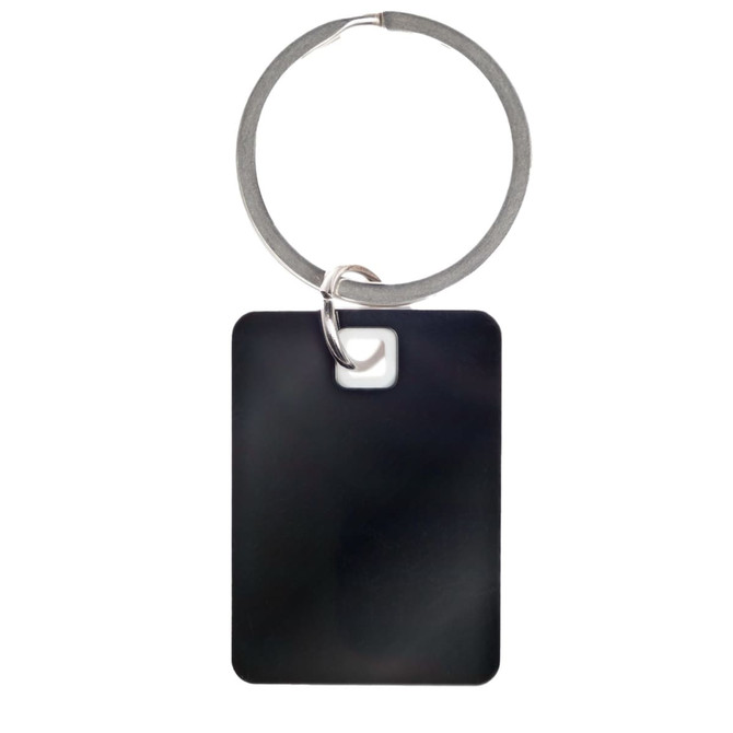 A rectangle stainless steel keytag with a smooth black surface, attached to a metal keyring.