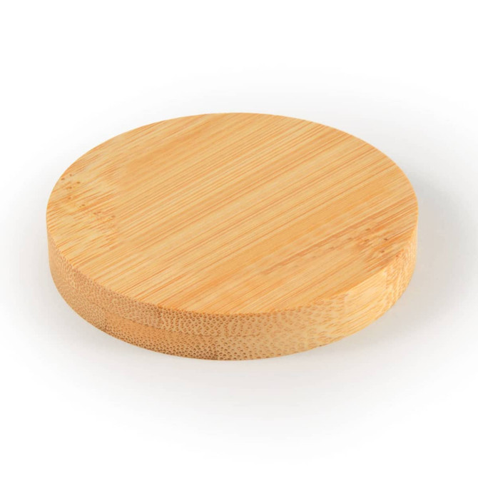 A Discus Bamboo Bottle Opener Coaster, featuring a smooth, round design made from natural bamboo.