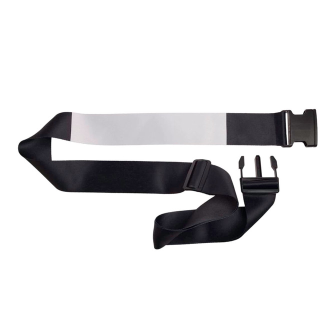 A luggage strap featuring a black and white design with adjustable buckles for secure fastening.
