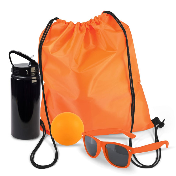 A drink bottle, an orange drawstring backpack, a black ball, and a pair of orange sunglasses.