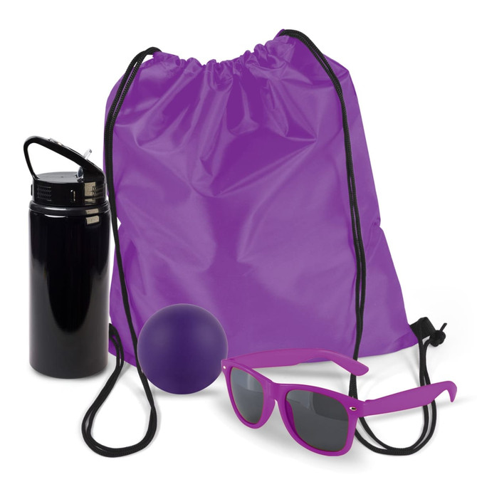 A black drink bottle, a purple drawstring backpack, a purple ball, and purple sunglasses.