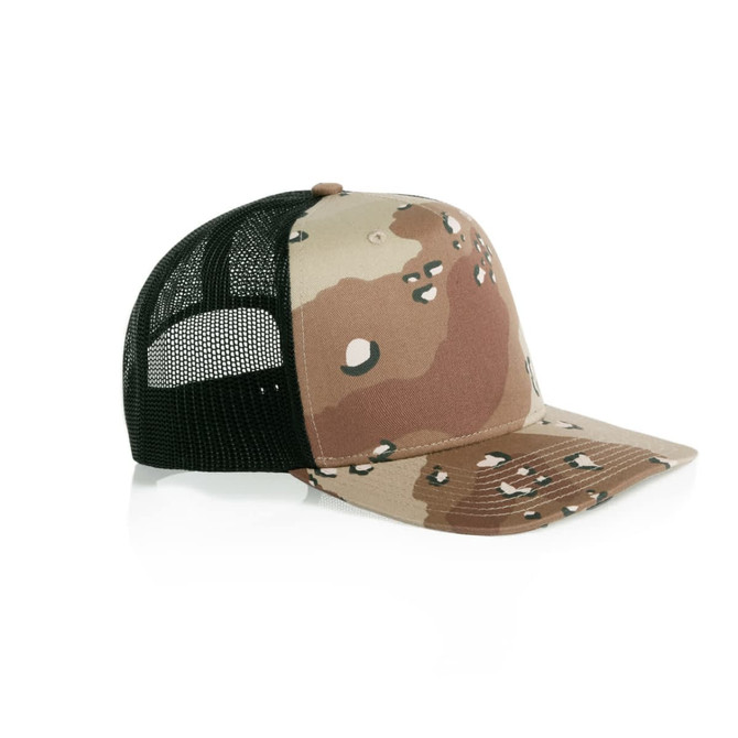 A camo trucker cap featuring a brown and tan pattern with a black mesh back and a curved brim.