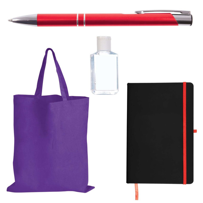 A red pen, a small bottle of hand sanitizer, a purple tote bag, and a black notebook with an orange ribbon bookmark.