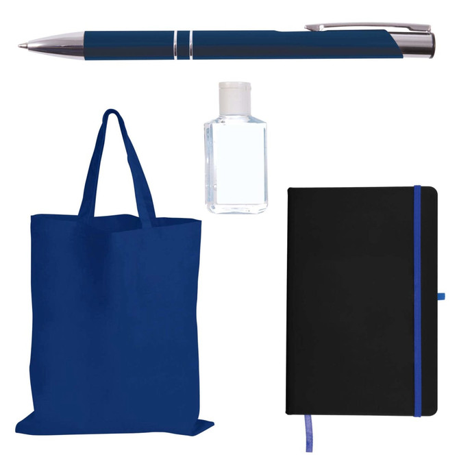 A blue tote bag, a black notebook with a blue ribbon bookmark, a clear bottle of hand sanitizer, and a blue pen.