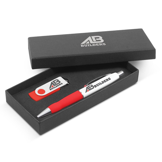 A gift set including a red and white pen, a USB drive, and a branded black box.