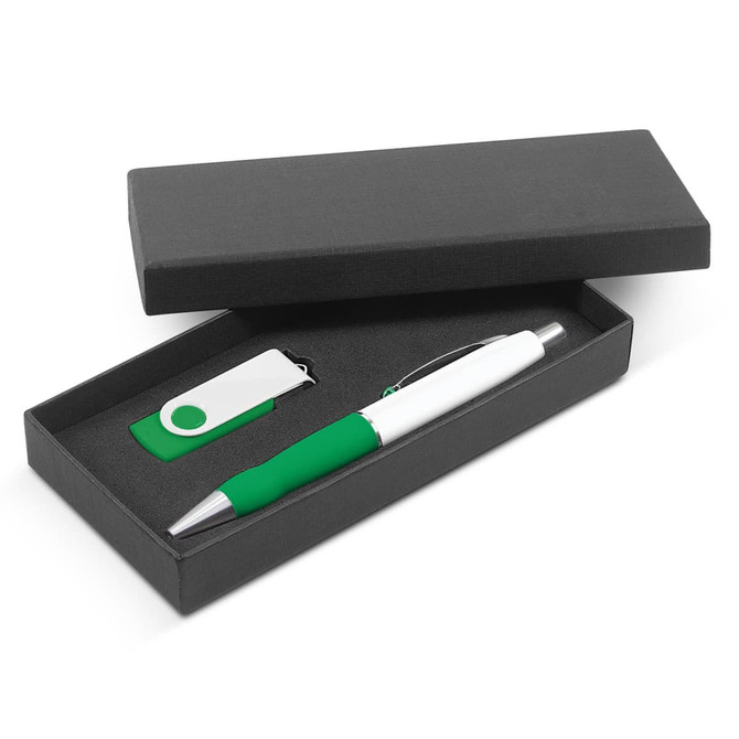 A pen with a green grip and a USB flash drive in a sleek black gift box.