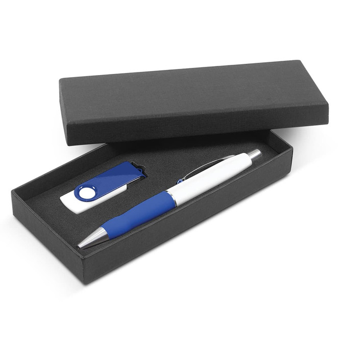 A gift set featuring a blue and white pen and a matching USB drive, presented in a black gift box.