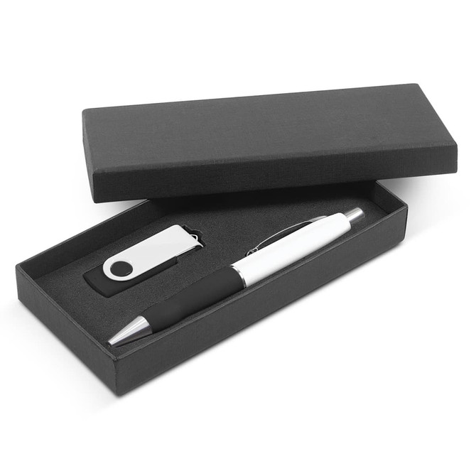 A sleek gift set featuring a black and white pen alongside a USB drive, elegantly presented in a black box.