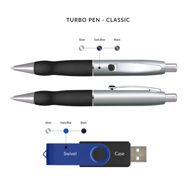 A Turbo Gift Set featuring two classic pens in silver and dark blue, along with a blue USB swivel drive.