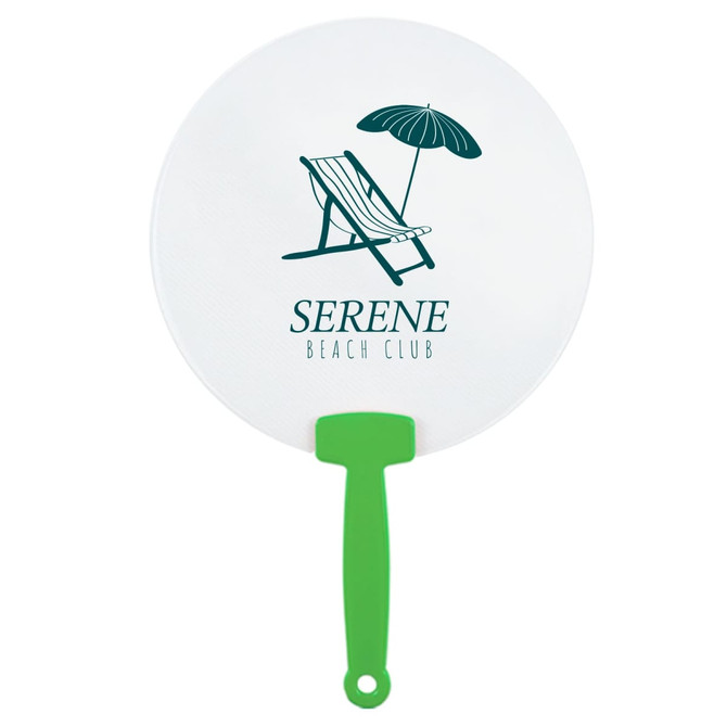 A fan featuring a round white paddle with a green handle and a beach-themed graphic.