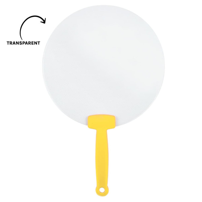 A round, transparent fan with a yellow handle, featuring a simple design and lightweight construction.