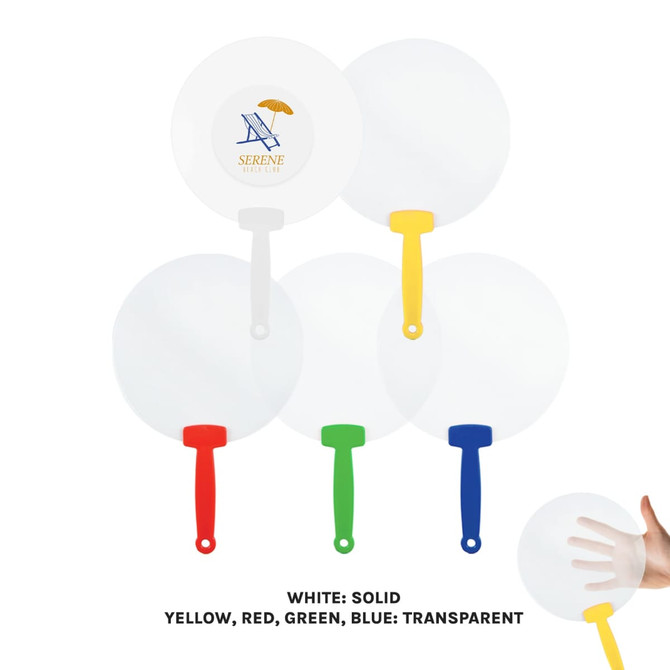 A set of handheld fans in various colours—white, yellow, red, green, and blue—with coloured handles.