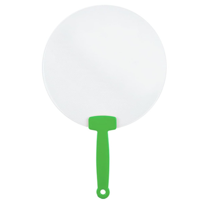 A round, white fan with a green handle, featuring a simple design. The fan has a solid circular surface.
