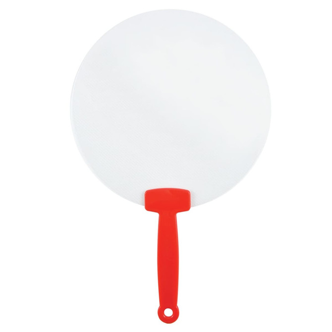 A round fan with a white blade and a red handle, featuring a sleek design and a loop for hanging.