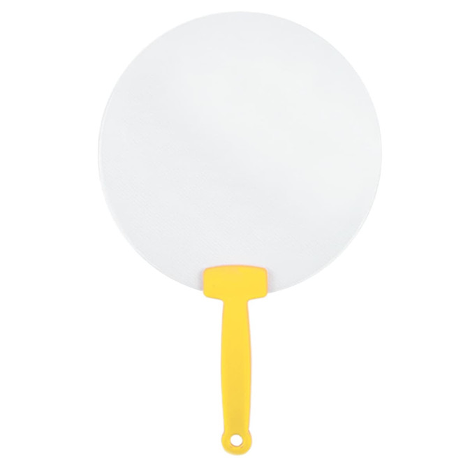 A round fan with a white surface and a yellow handle, featuring a hole for hanging.