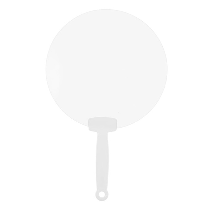 A round, clear plastic fan with a white handle and a hole for easy carrying.