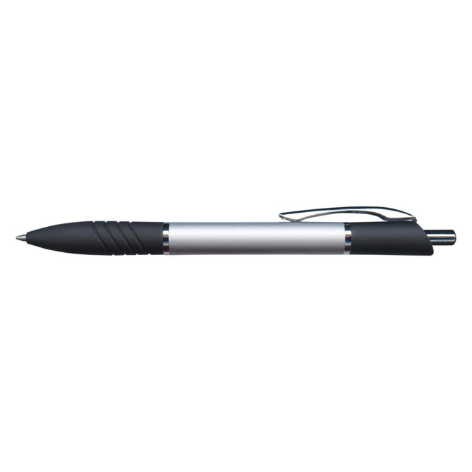 A metal pen featuring a sleek black grip and a silver barrel with a polished clip.
