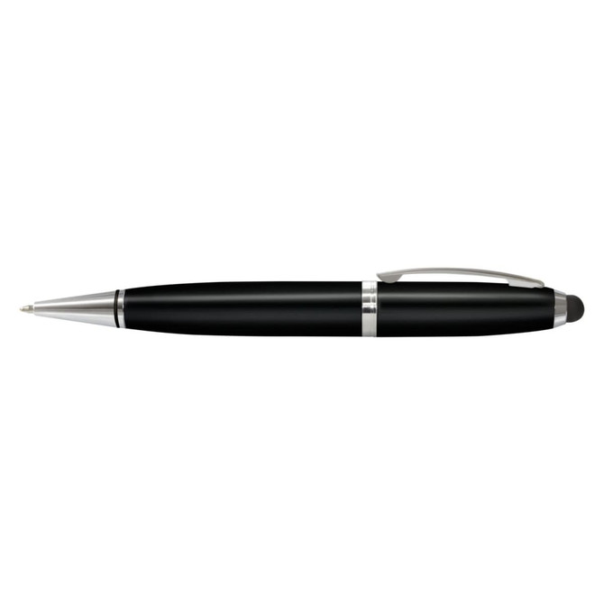 A sleek black metal pen with silver accents, featuring a stylus tip. It has a branding logo on the body.