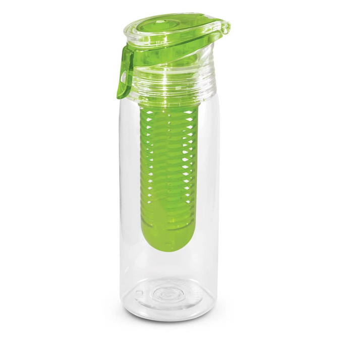 A drink bottle designed for infusing beverages, featuring a clear body with a green infuser insert and a secure lid.