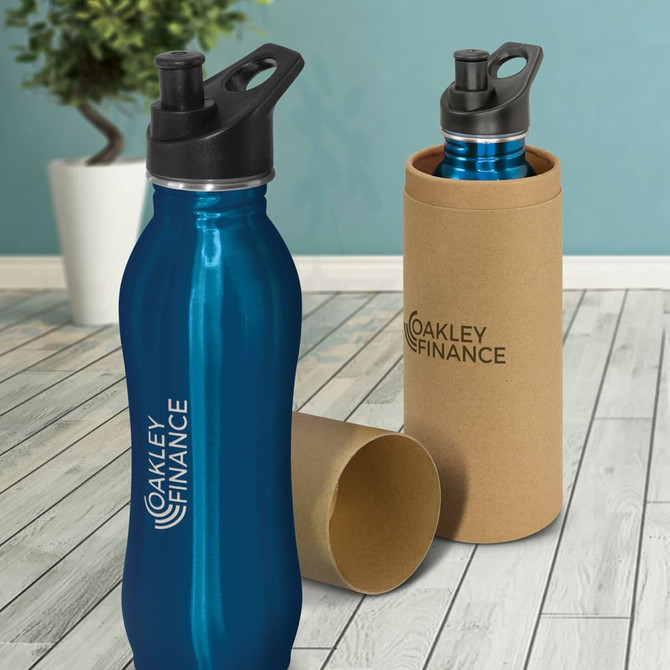 A drink bottle in a metallic blue finish with a black cap, placed next to a cardboard sleeve.