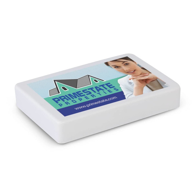 A white stress business card featuring an image of a person and a logo.
