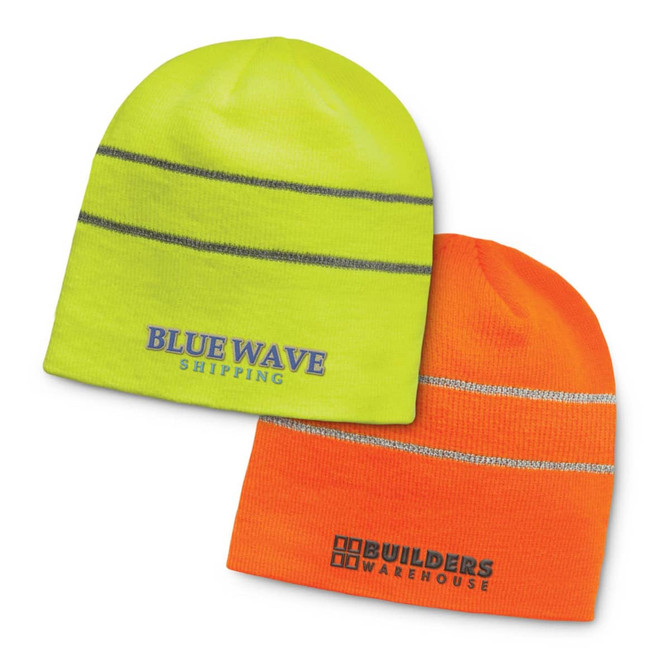 A pair of high-visibility beanies in bright yellow and orange, featuring reflective stripes and logos.
