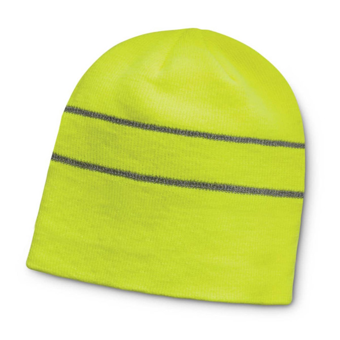 A high-visibility yellow beanie with two reflective grey stripes around the center.