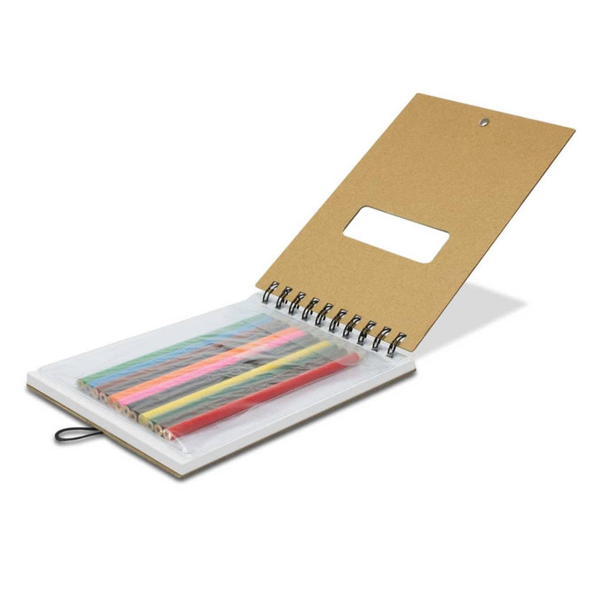 A notepad with a spiral binding and a kraft cover, featuring a clear pocket filled with colorful pens.