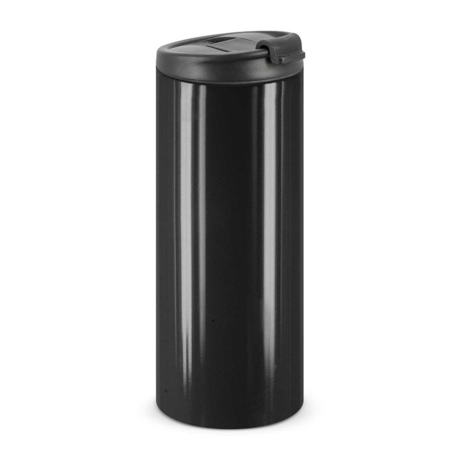 A drink bottle in a sleek black finish with a secure lid and a cylindrical design, featuring a logo.