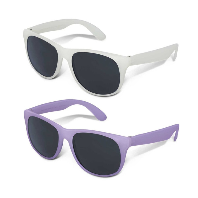 Two pairs of sunglasses are displayed: one in matte white and the other in matte lavender, both with dark lenses.
