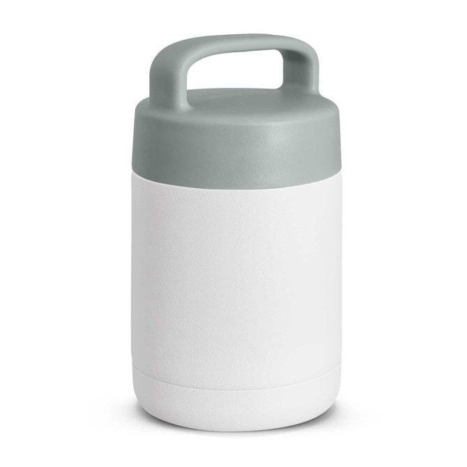 A drink bottle in a two-tone design with a grey lid and a white body, featuring a handle for easy carrying.