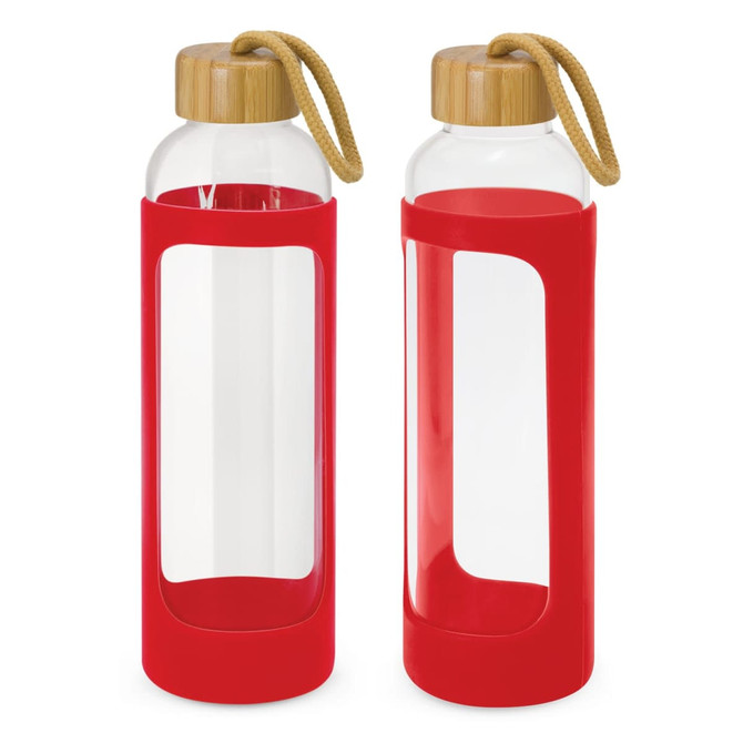 A drink bottle featuring a clear glass body, a red silicone sleeve, and a bamboo lid with a string handle.