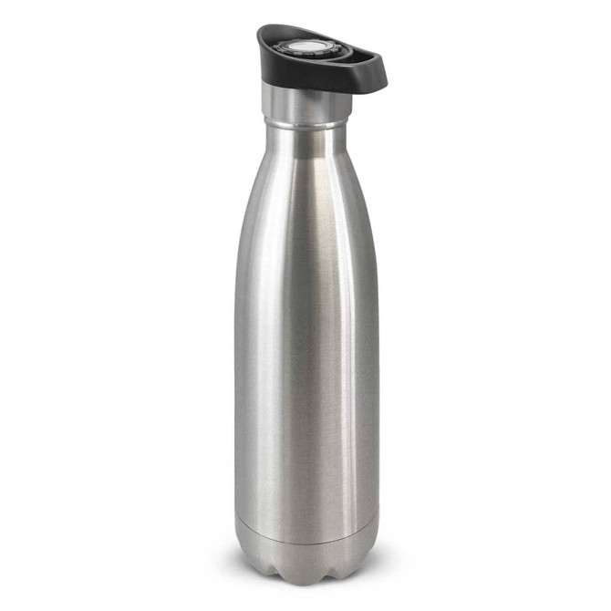 A drink bottle with a sleek, stainless steel design and a push-button lid for easy access.