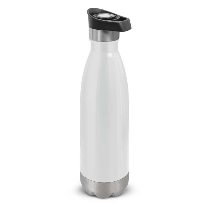 A drink bottle in white with a silver base and a black push-button lid, featuring a logo.