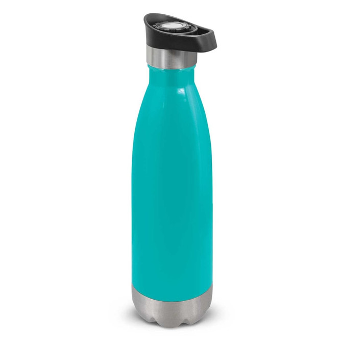A drink bottle in bright turquoise with a stainless steel bottom and a black push-button lid. It features a logo.