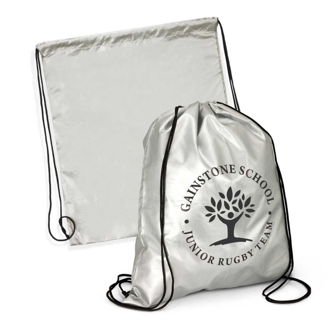 A silver drawstring backpack with a logo, featuring a simple design and two black cords.