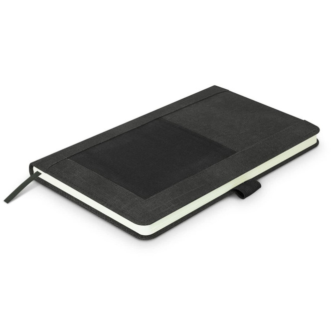 A dark green notebook with a textured cover, featuring an elastic band and a built-in bookmark.