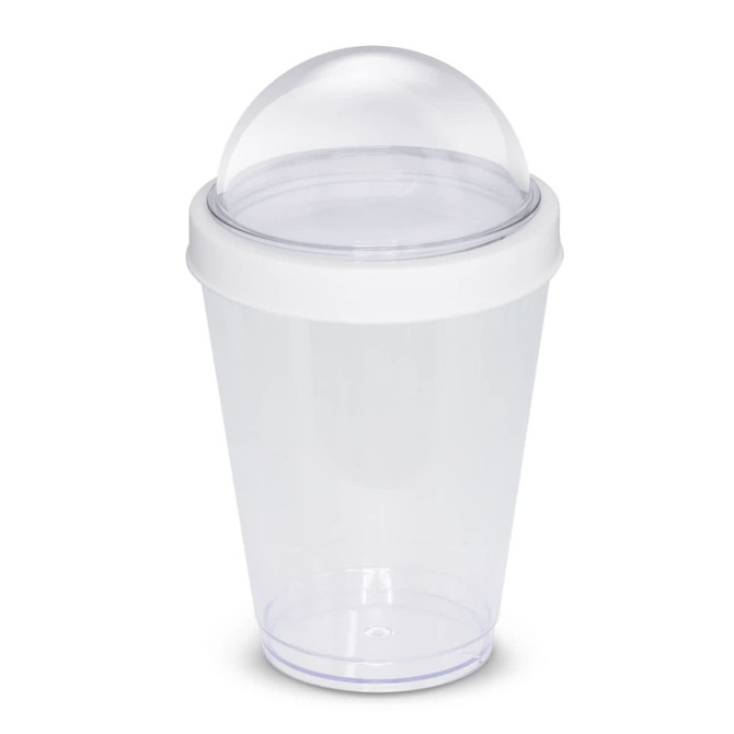 A drink bottle with a transparent body and a white screw-on lid featuring a clear dome top.