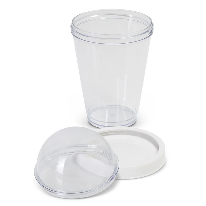 A drink bottle with a clear body and a white lid, accompanied by a clear dome-shaped cover.