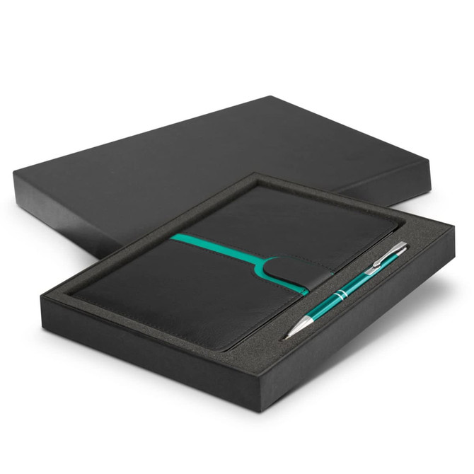 A black notebook with a teal accent and a matching pen, presented in a sleek black gift box.