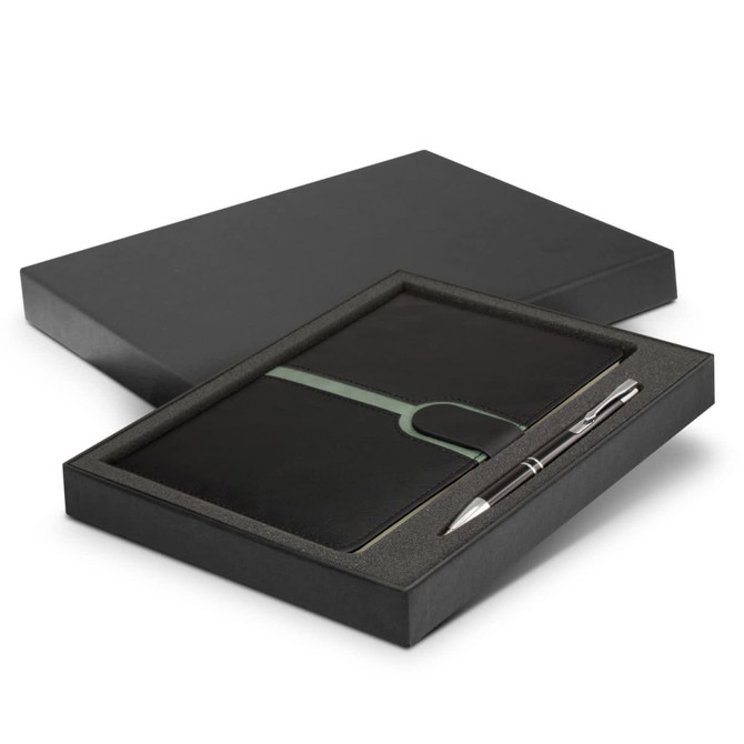 A black notebook with a green band and a silver pen, presented in a black gift box.