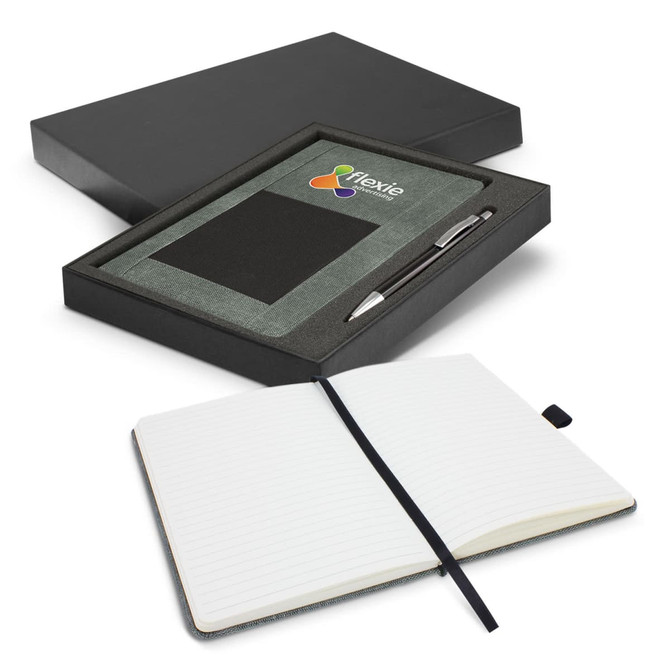 A grey notebook and black pen set in a black gift box, featuring a blank interior with lined pages.